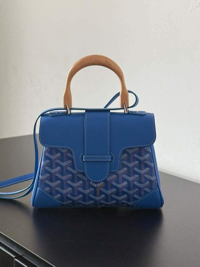 Женская синяя сумка с деревянной ручкой Goyard