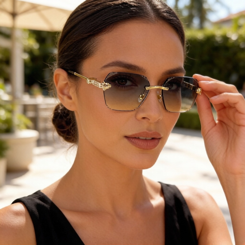 Солнечные очки без оправы золотистого цвета Cartier