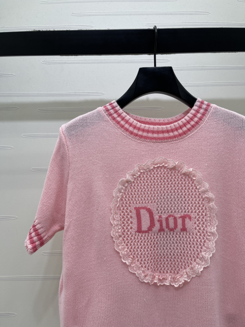 Розовая вязаная футболка с овальной вышивкой Dior
