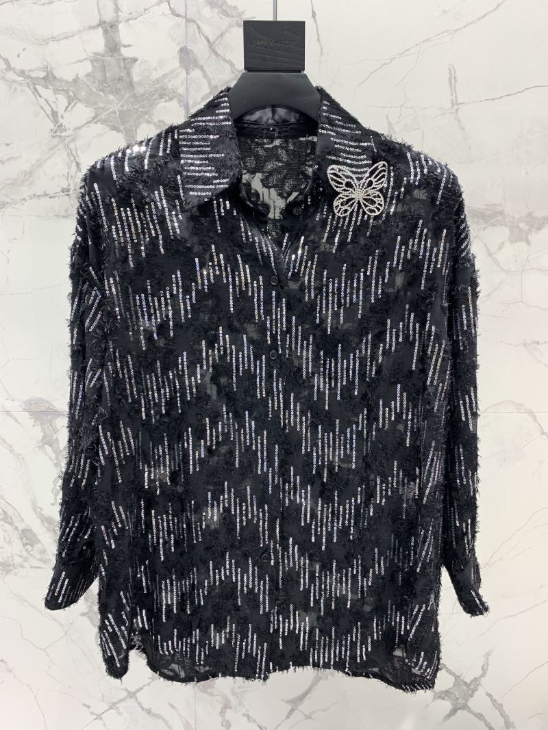 Блуза Saint Laurent черная с пайетками и брошью