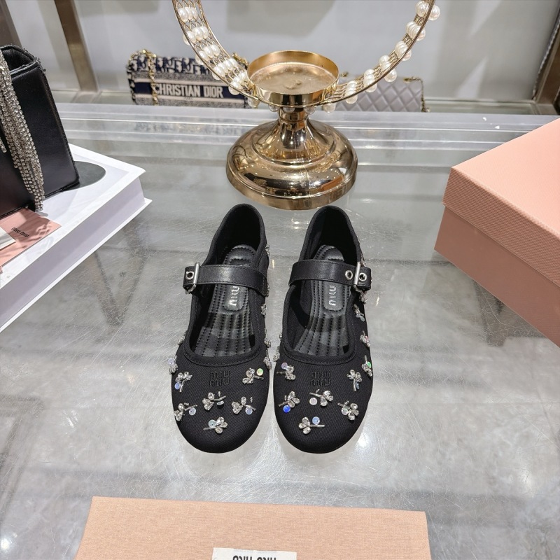Женские балетки с декором из цветов и стразами, черные Miu Miu
