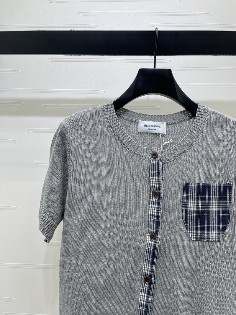 Женский вязаный кардиган с коротким рукавом и клетчатым карманом Thom Browne