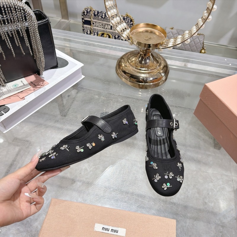 Женские балетки с декором из цветов и стразами, черные Miu Miu
