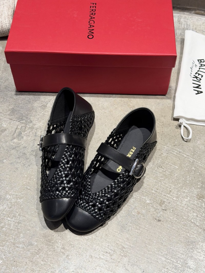 Черные женские балетки из плетеной кожи с пряжкой Ferragamo