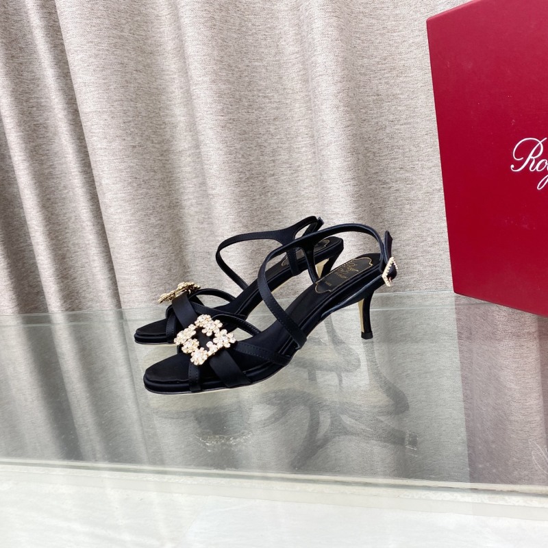 Женские черные босоножки на высоком каблуке с цветочной отделкой Roger Vivier