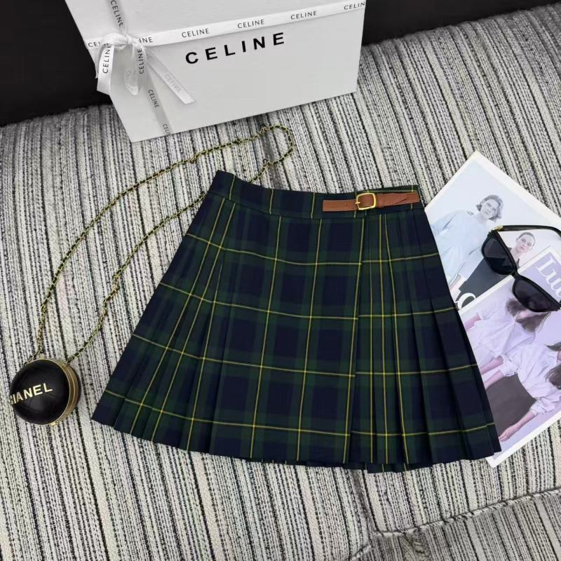 Юбка плиссированная в клетку с кожаным поясом Celine