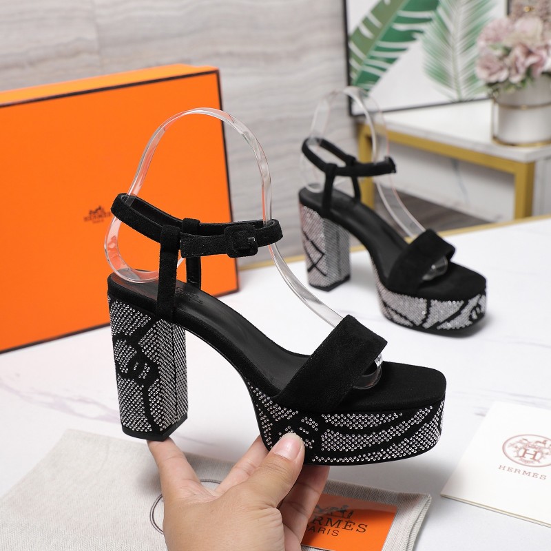 Женские черные сандалии на платформе с кристаллами и прозрачными strap Hermès