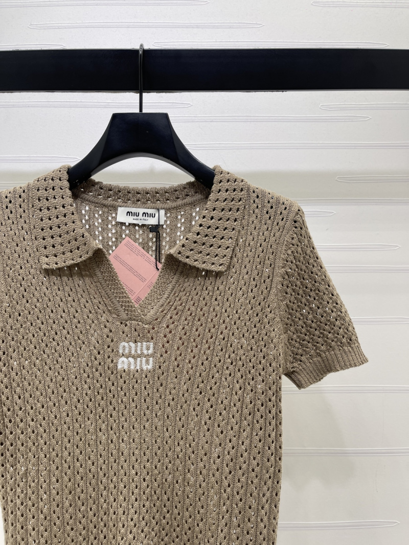 Вязаный топ с коротким рукавом и воротником поло Miu Miu