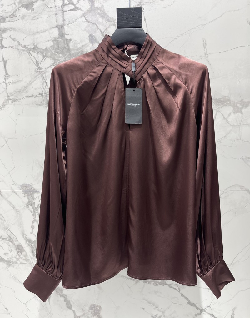 Блузка Saint Laurent из атласа с воротником-стойкой и драпировкой