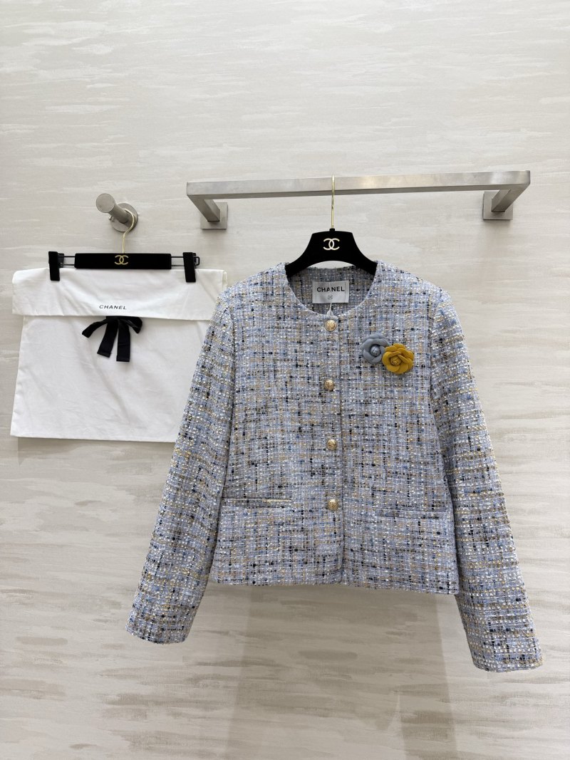 Женский укороченный жакет из твида, голубой оттенок Chanel