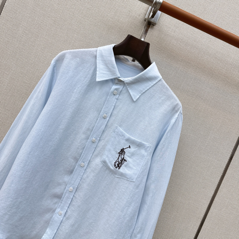 Рубашка женская льняная голубая с вышивкой на кармане Ralph Lauren