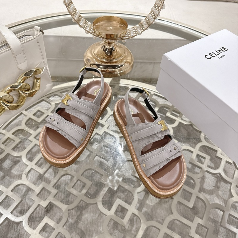 Женские замшевые сандалии серые с металлической фурнитурой Celine