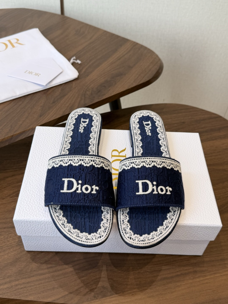 Сланцы Dior женские темно-синие с вышивкой