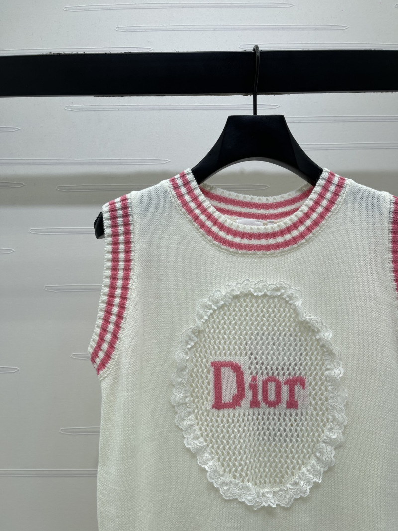 Женская белая вязаная жилетка с розовым декором и вышивкой Dior