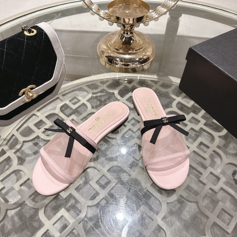 Женские мюли розовые сетчатые с бантом Chanel