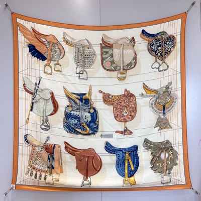 Шарф Hermès «Tous En Selle» Оранжевый Кашемир