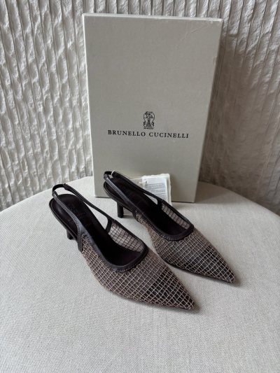 Босоножки Brunello Cucinelli из сетки с металлическим узором на каблуке