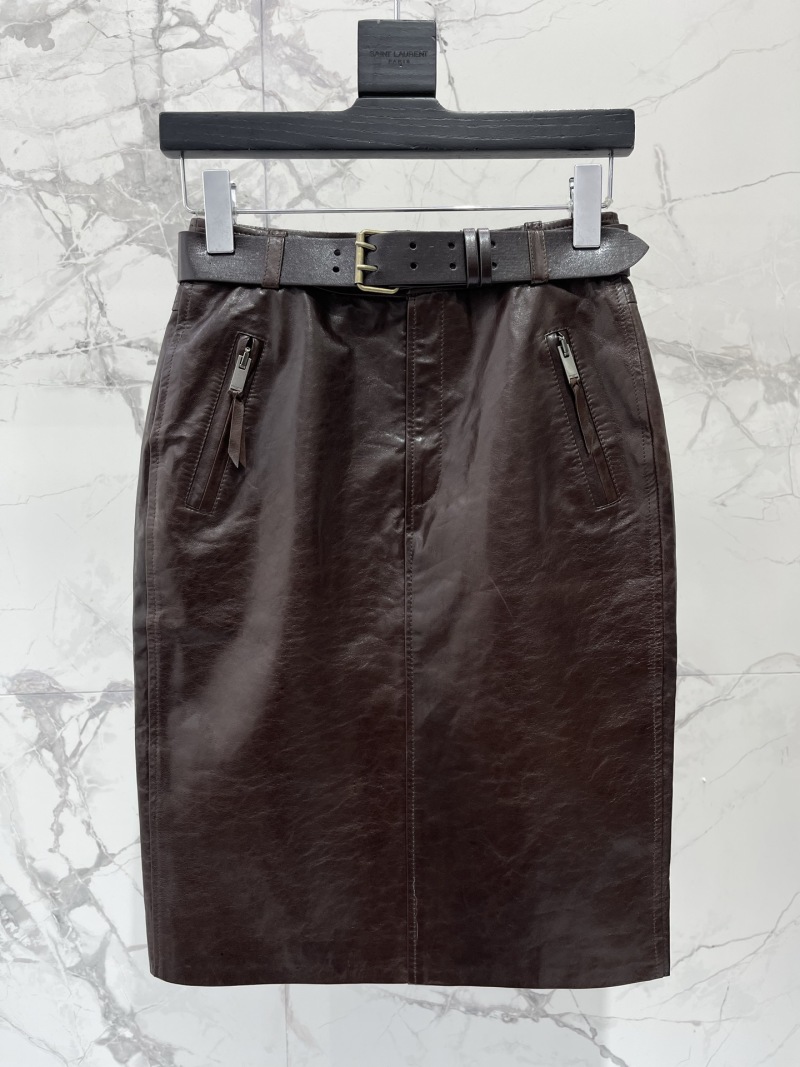 Юбка кожаная Saint Laurent с ремнем