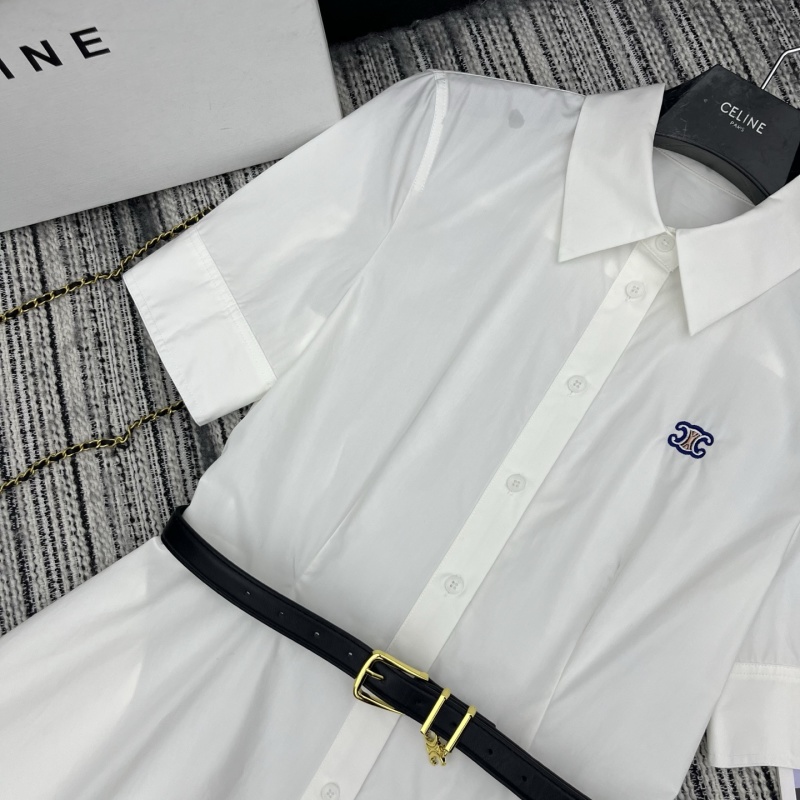Платье-рубашка белое с воротником и поясом Celine