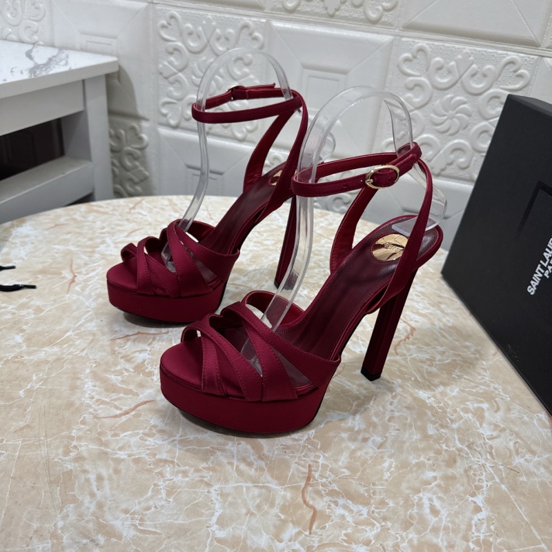 Женские туфли красные на каблуке с прозрачными вставками Saint Laurent