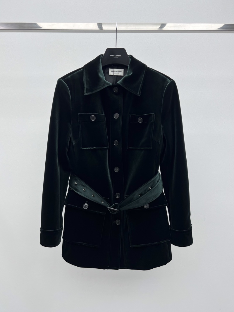 Женский бархатный пиджак темно-зеленого цвета с поясом Saint Laurent