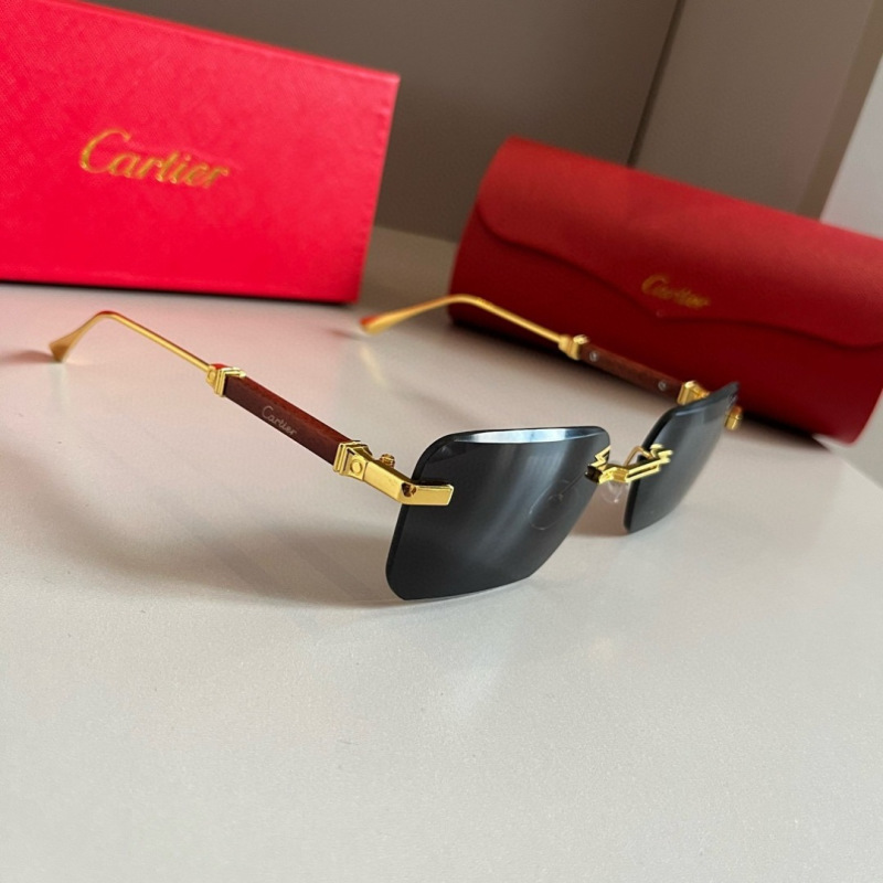 Люксовые безрамные солнцезащитные очки Cartier с деревянной оправой