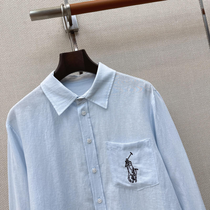 Рубашка женская льняная голубая с вышивкой на кармане Ralph Lauren