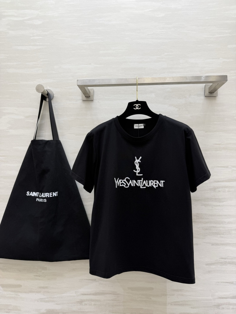 Женская футболка черная с белой вышивкой Saint Laurent