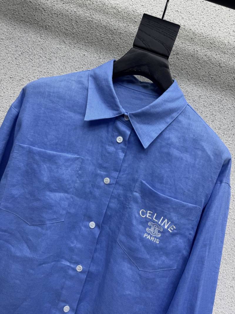 Синяя рубашка с вышивкой бренда Celine
