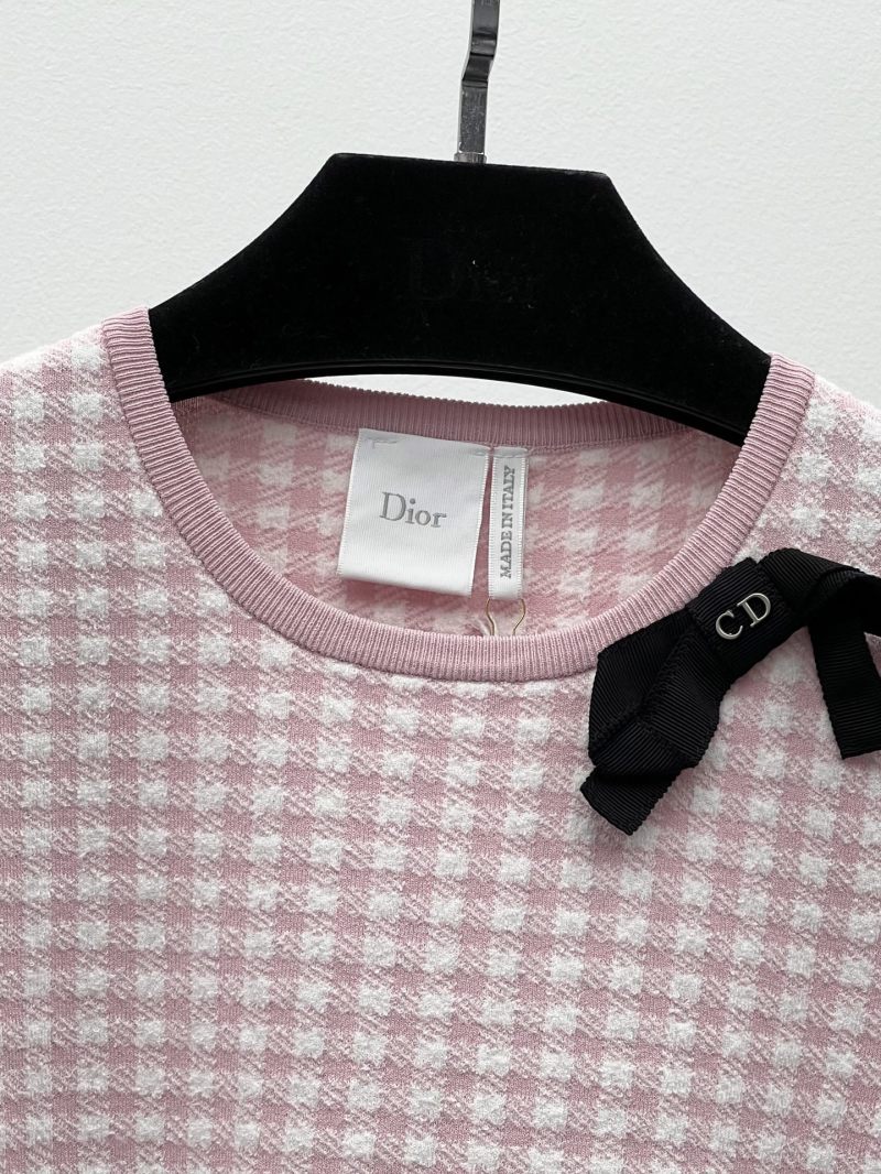 Короткая розово-белая клетчатая вязаная кофта с бантом Dior