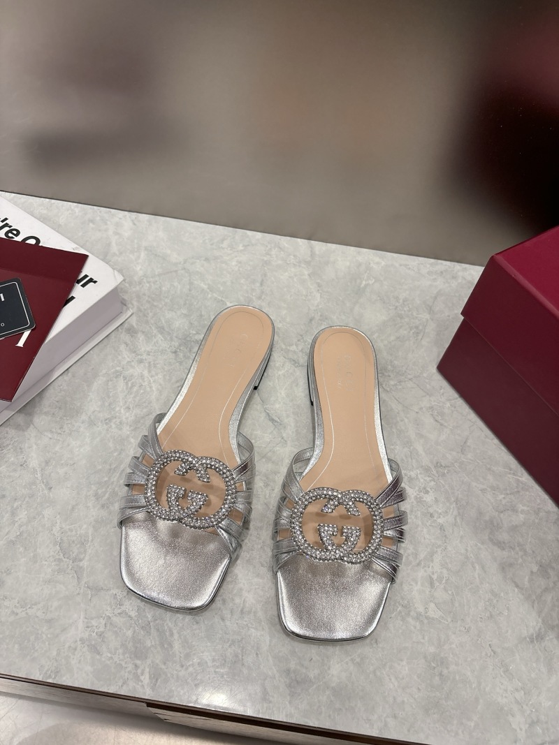 Женские серебряные мюли с двойным G-бuckle и кристаллами Gucci