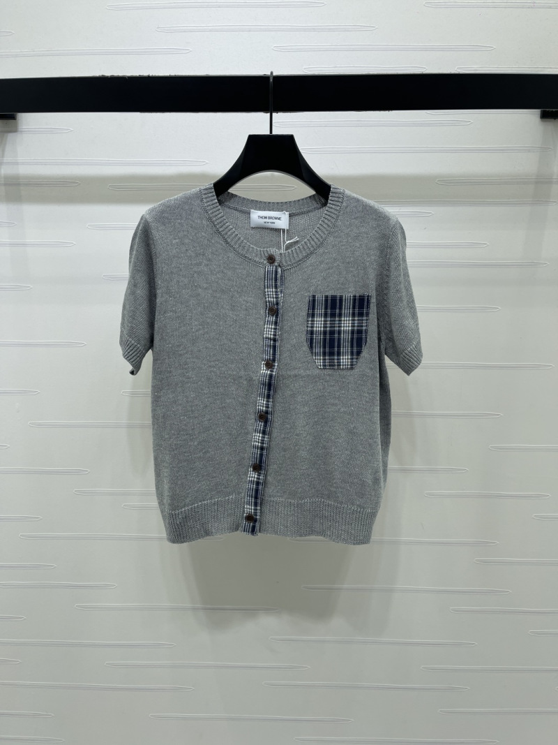 Женский вязаный кардиган с коротким рукавом и клетчатым карманом Thom Browne
