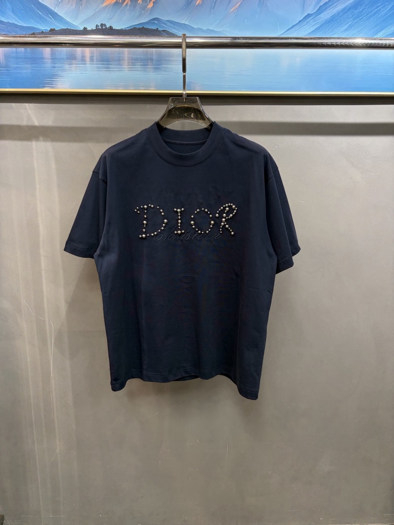 Футболка женская тёмно-синяя с декоративным логотипом Dior