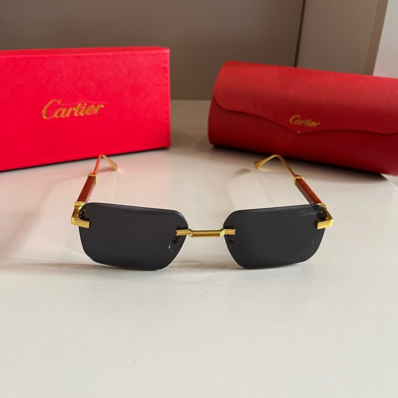 Люксовые безрамные солнцезащитные очки Cartier с деревянной оправой