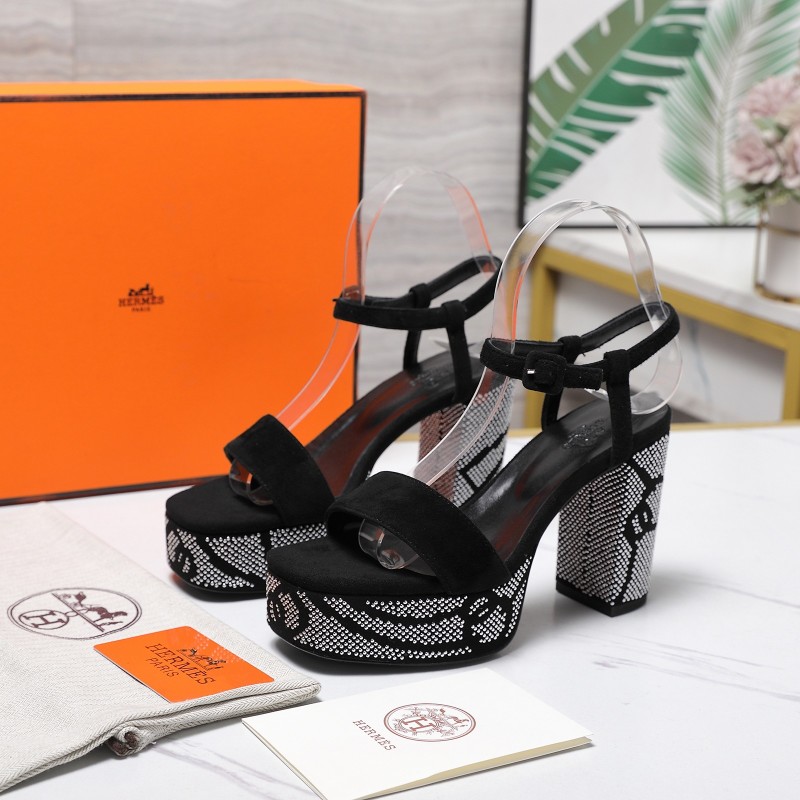 Женские черные сандалии на платформе с кристаллами и прозрачными strap Hermès