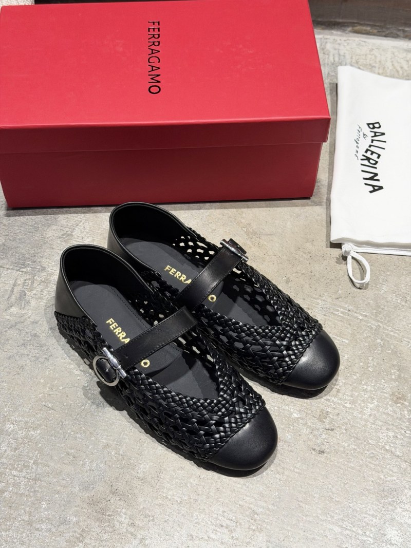 Черные женские балетки из плетеной кожи с пряжкой Ferragamo