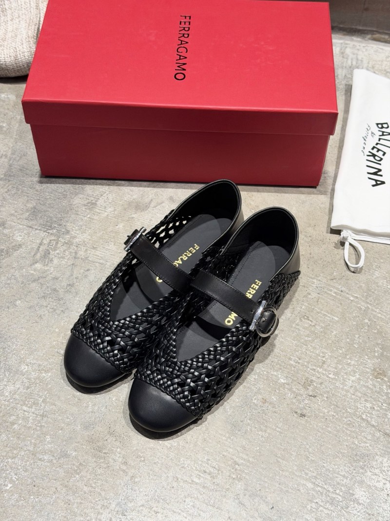 Черные женские балетки из плетеной кожи с пряжкой Ferragamo