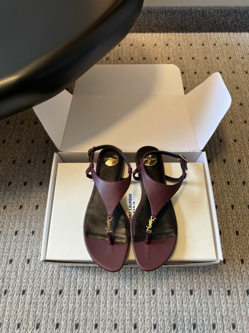Босоножки женские кожаные Т-образные бордовые Saint Laurent