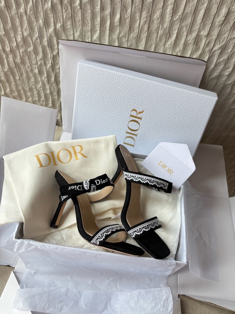 Черные женские туфли-сандалии на высоком каблуке с кружевом Dior