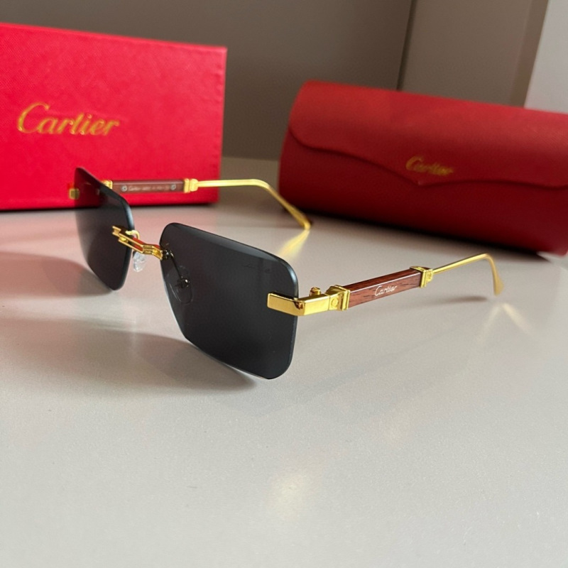 Люксовые безрамные солнцезащитные очки Cartier с деревянной оправой