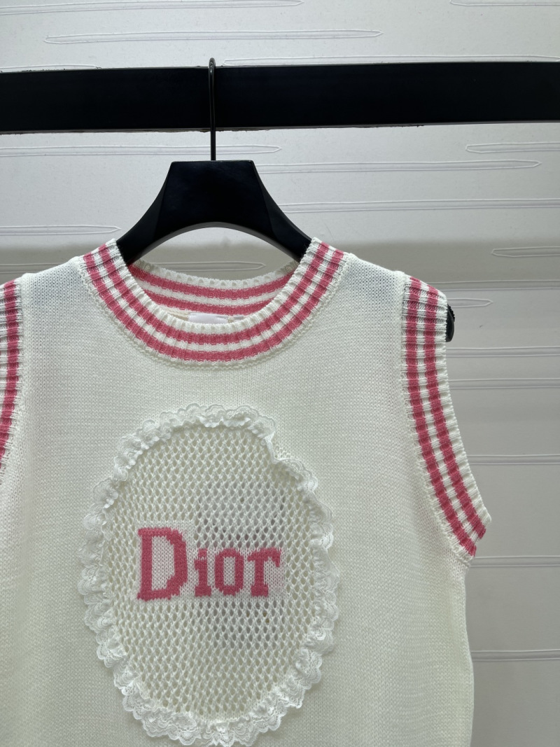 Женская белая вязаная жилетка с розовым декором и вышивкой Dior