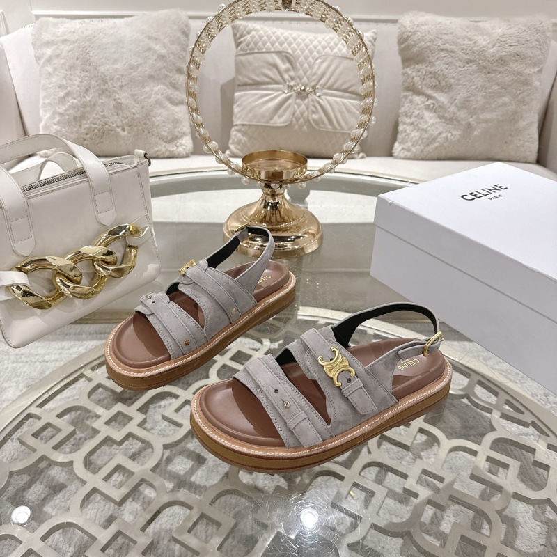 Женские замшевые сандалии серые с металлической фурнитурой Celine