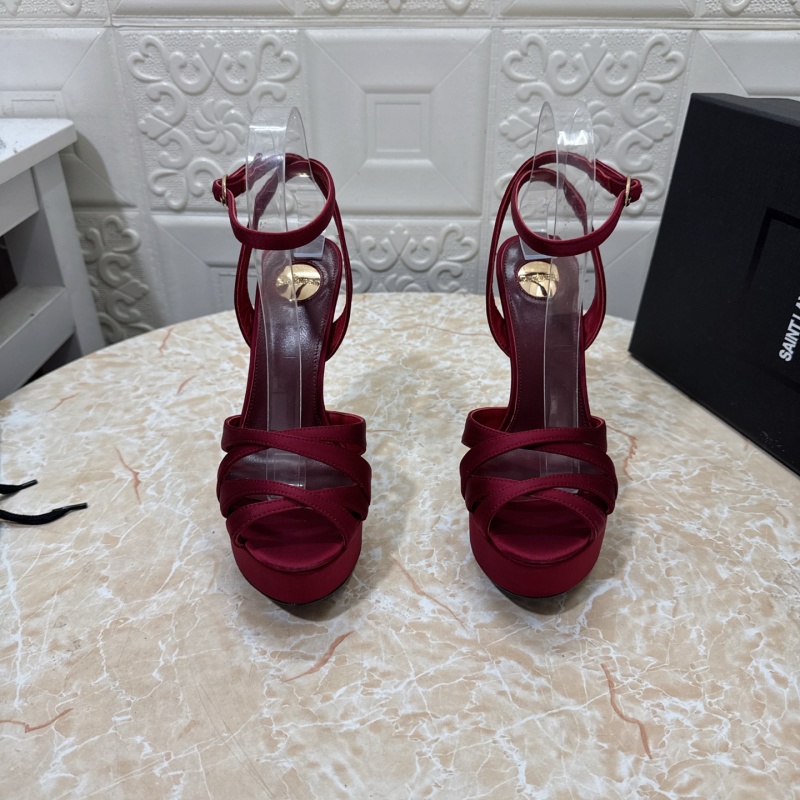 Женские туфли красные на каблуке с прозрачными вставками Saint Laurent