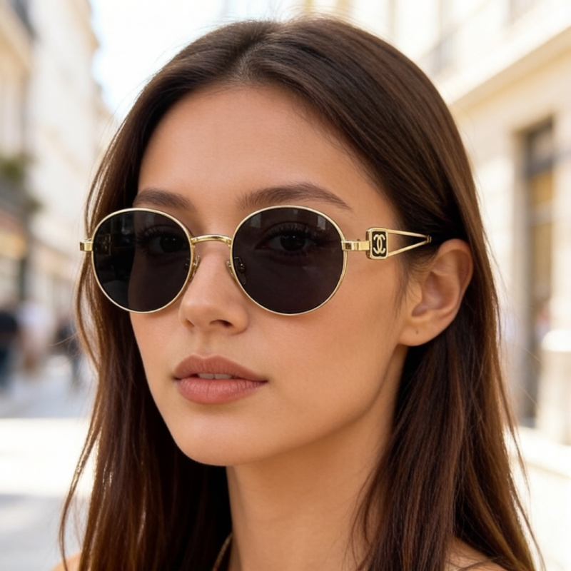 Солнечные очки в круглой золотой оправе Chanel