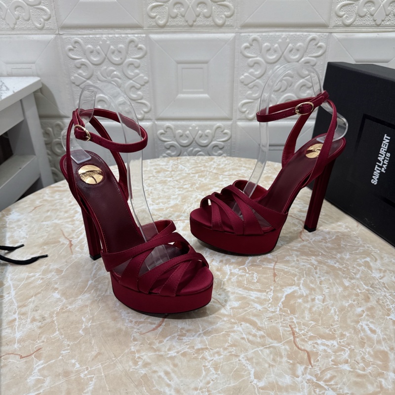 Женские туфли красные на каблуке с прозрачными вставками Saint Laurent