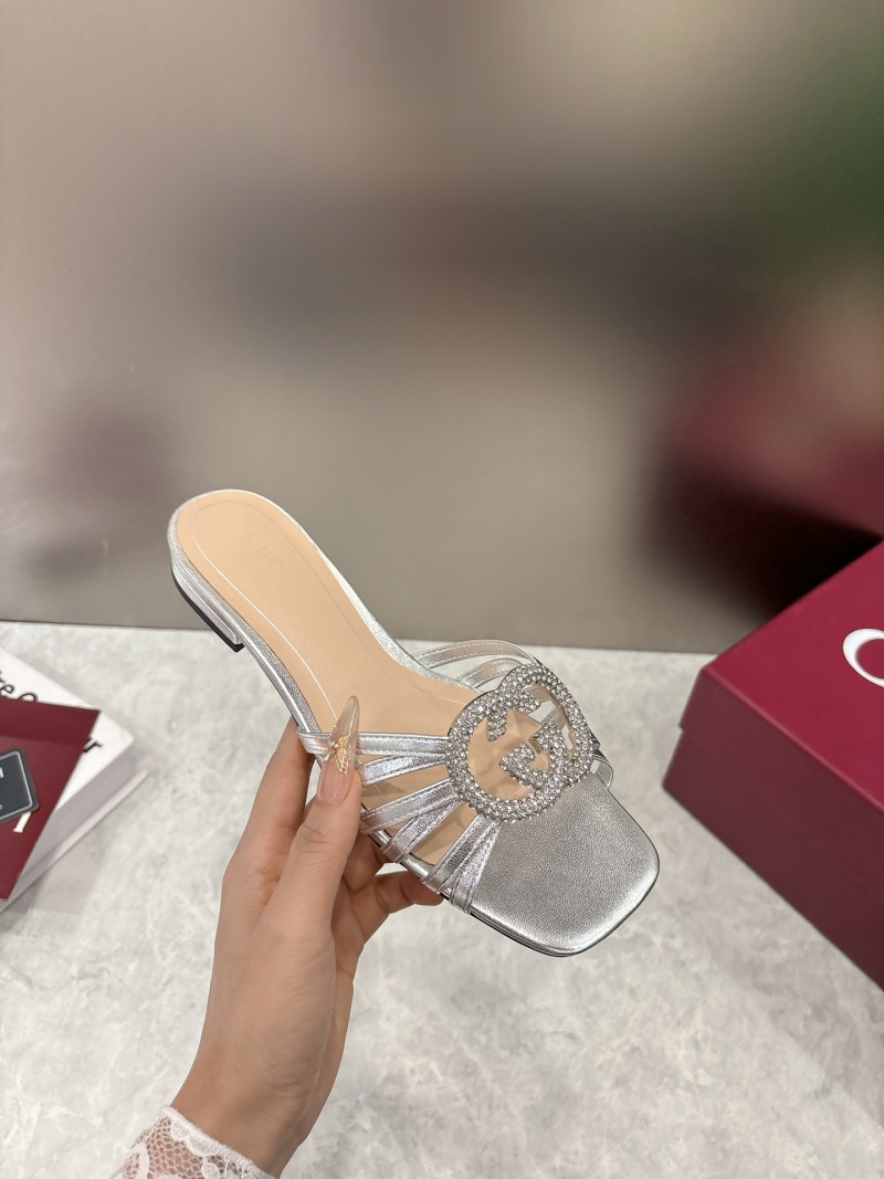 Женские серебряные мюли с двойным G-бuckle и кристаллами Gucci