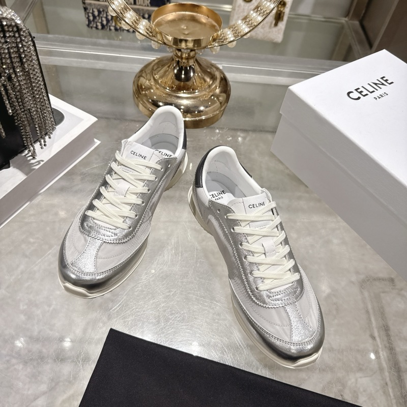 Серебряные кроссовки Celine с белыми шнурками