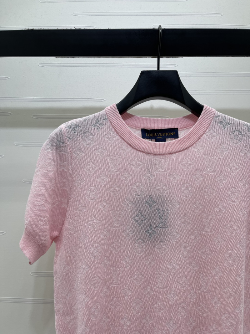 Женский розовый вязаный топ с коротким рукавом и монограммой Louis Vuitton