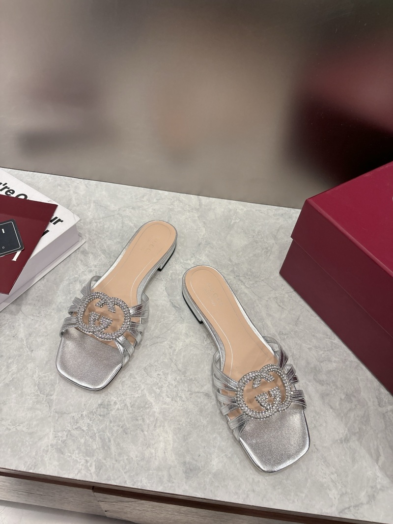 Женские серебряные мюли с двойным G-бuckle и кристаллами Gucci