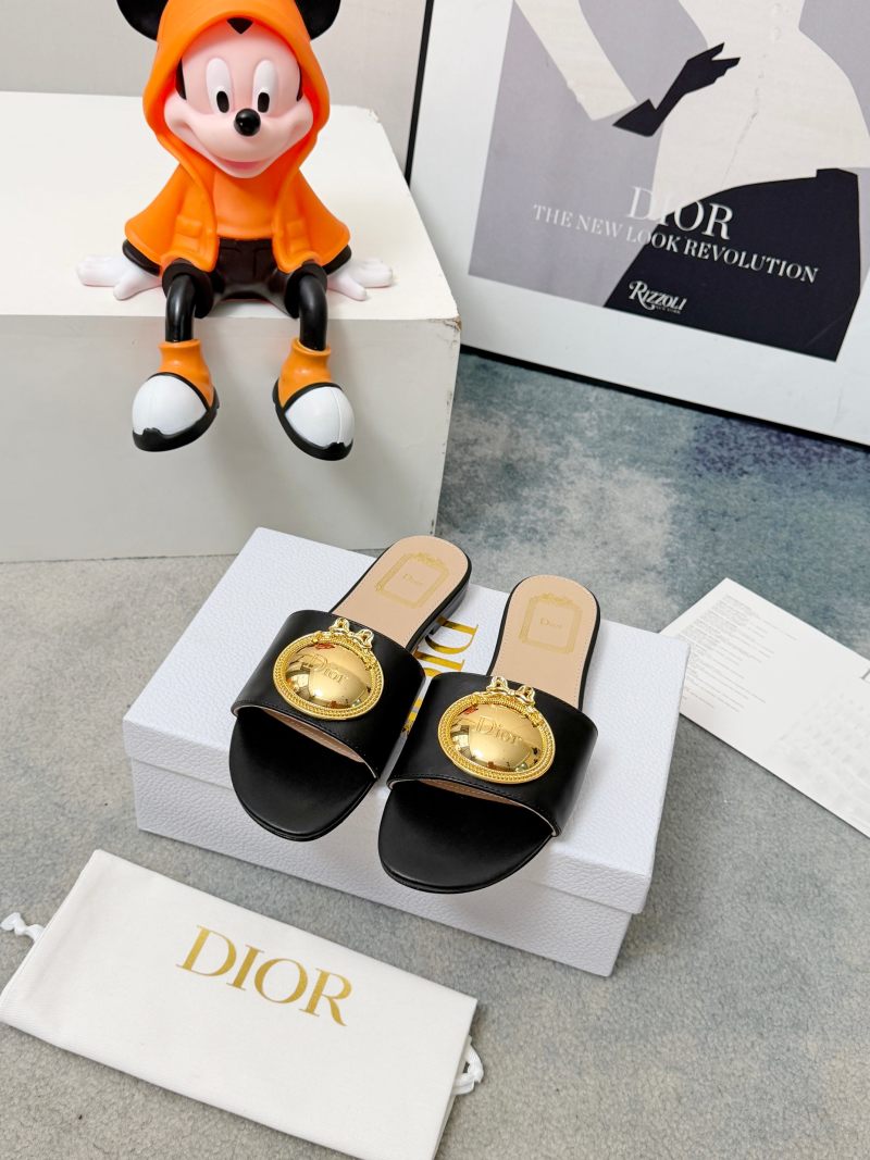 Женские черные шлепки Dior D-Lane с золотой фурнитурой